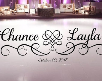 Large Wedding Dance Floor Decal Hearts with swirls Scroll Frame   - Fancy calligraphy Font Personalized Names Vinyl Lettering