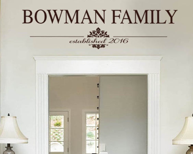 Family Last Name Vinyl Wall Decal  -  Damask Border Design - Simple Font - Personalized Monogram - entryway