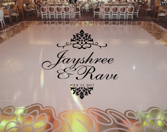 Reception Party HUGE Damask Theme Dance Floor Decal - Wedding Day - Fancy calligraphy Font Personalized Names Vinyl Lettering 39+ Colors