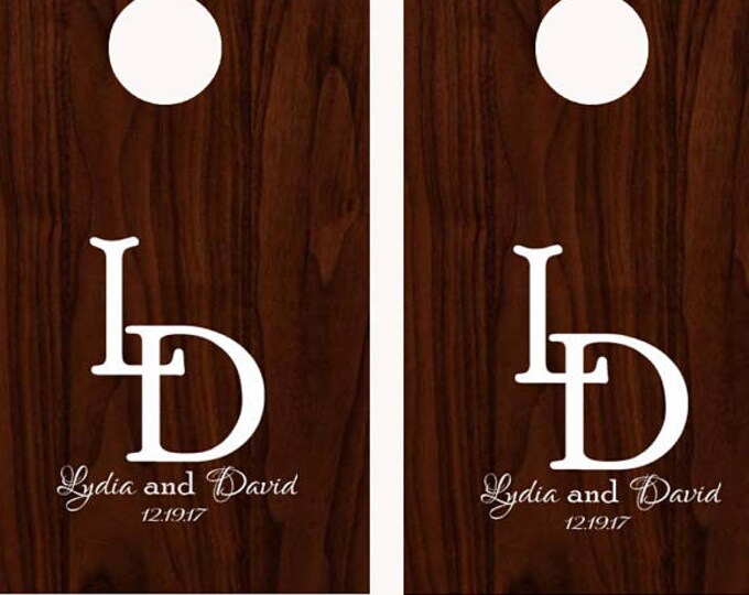 Wedding Cornhole Board Game DECALS - Personalized Custom Bride Groom Initials Names & Date - Calligraphy font - Corn Hole Monogram Decal