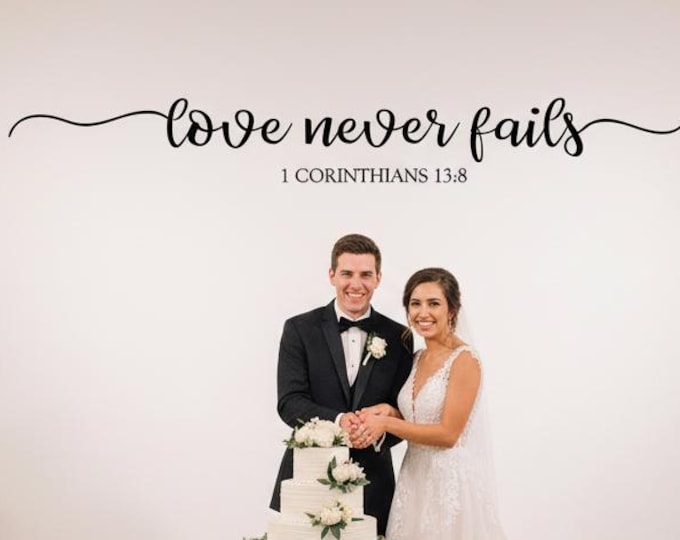 Backdrop Wall Decal |  Love Never Fails -  Corinthians 13:8 H | Reception Wedding Decor