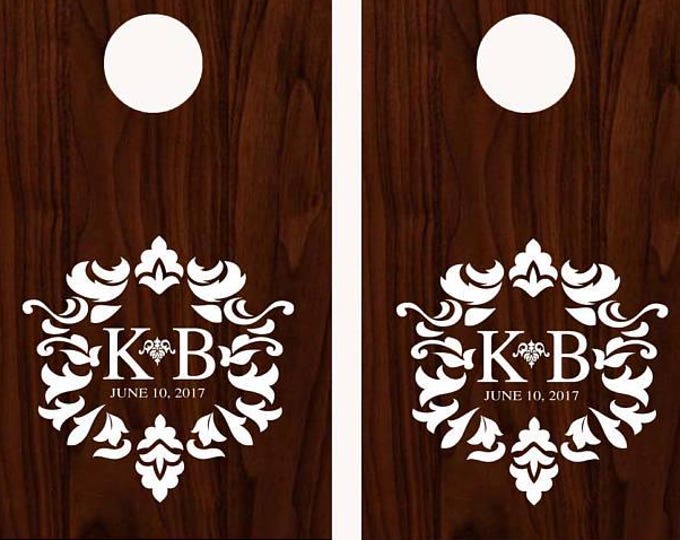 Wedding Cornhole Board Game DECALS - Damask Theme Bride Groom Custom initials Date - Calligraphy - Party Decor Corn Hole Monogram Decal