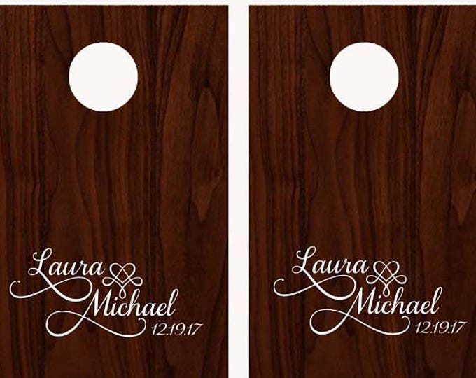 Wedding Cornhole Board Game DECALS - Personalized Custom Bride Groom Names - Heart-  Calligraphy - Corn Hole Monogram Decal