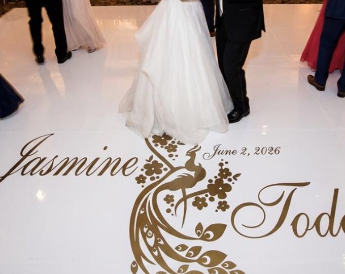 Personalized Peacock Wedding Dance Floor Decal – Custom Names, Vinyl Lettering