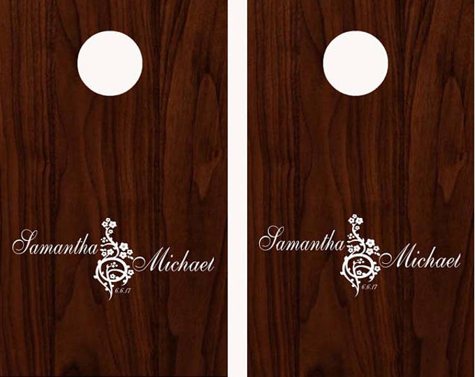 Wedding Custom Names - Cherry Blossom - Cornhole Board Game DECALS - Reception Party Decor Corn Hole Monogram Decal