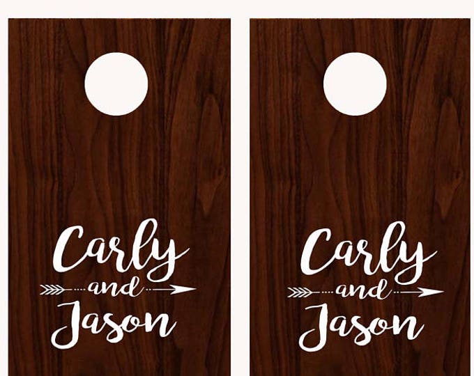 Wedding Sign Decals Cornhole Board Game - Personalized Custom Bride Groom Names with arrow Calligraphy font - Corn Hole Monogram Decal
