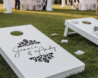 Wedding Corn Hole Decal | Damask Theme | Party Sign Decor