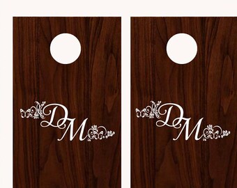 Wedding Cornhole Board Game DECALS -Bride Groom Initials Cherry Blossom- Fancy calligraphy Font Personalized Names Vinyl Lettering corn hole