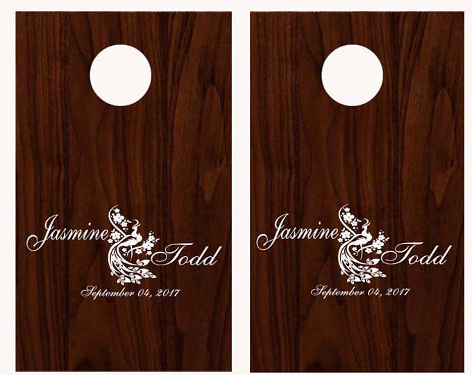 Wedding Corn hole Board Game DECALS - PEACOCK cherry blossoms Personalized Custom Bride Groom Names -Calligraphy - CornHole initial Monogram