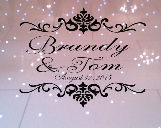 HUGE 8 foot Damask Theme Reception Dance Floor Decal - Wedding Day - Fancy Dance Floor Personalized Names Black Gold Silver White