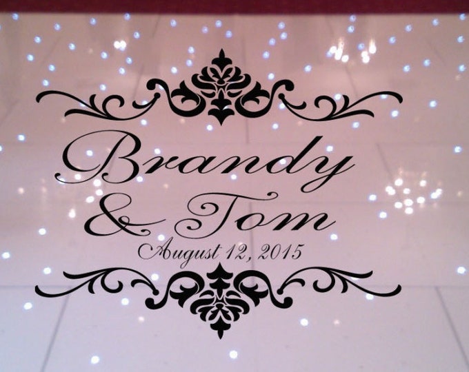 Damask Theme Dance Floor Decal - Wedding Day - Fancy calligraphy Font Dance Floor Personalized Names Vinyl Lettering HUGE size Options