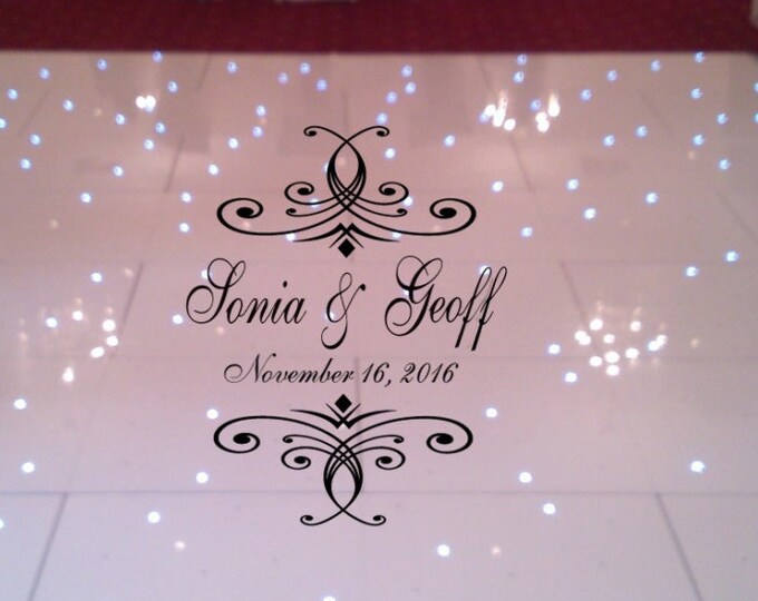 Reception Party HUGE Ornate Scroll Design Dance Floor Decal - Wedding Day - Fancy calligraphy Personalized Names White Black Gold Silver