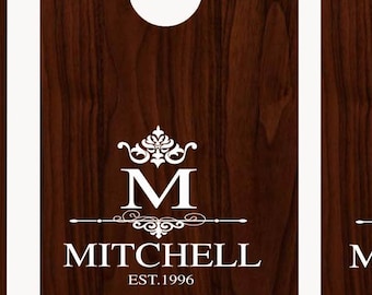 Damask Family Last Name Cornhole Board Game DECALS - Established Year Date Personalized Names Vinyl Lettering corn hole board signs