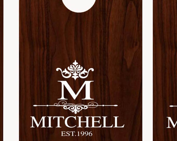 Damask Family Last Name Cornhole Board Game DECALS - Established Year Date Personalized Names Vinyl Lettering corn hole board signs