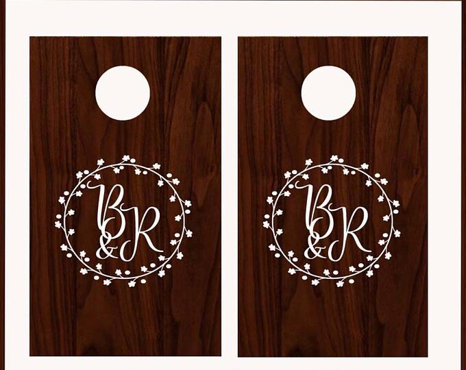 Wedding Cornhole Board Game DECALS - Cherry Blossom Wreath Bride Groom Initials - Calligraphy - Party Decor Corn Hole Monogram Decal