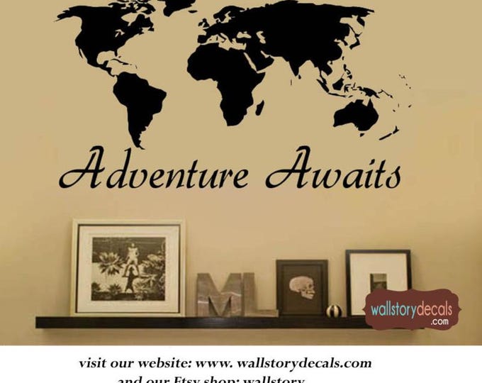 World Map - Adventure Awaits Wall Decal  - Large Size Options Family quotes 39+ Colors