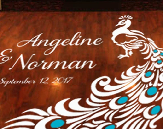 Colorful Peacock  Dance Floor Decal - Wedding Day -Personalized Bride Groom Names Date  Vinyl Lettering 39 Colors small medium Large