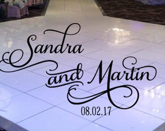 Wedding Dance Floor Decal - Custom Personalized Couples Names With Date - Swrly Fancy Font Small Medium Large Reception Party Sign Decals