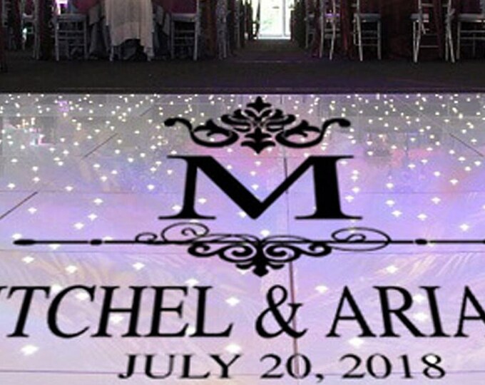 Damask Dance Floor Decal - Wedding Logo - Floor Decor Personalized Bride Groom Names Last Name Initial Vinyl Black Gold Silver White