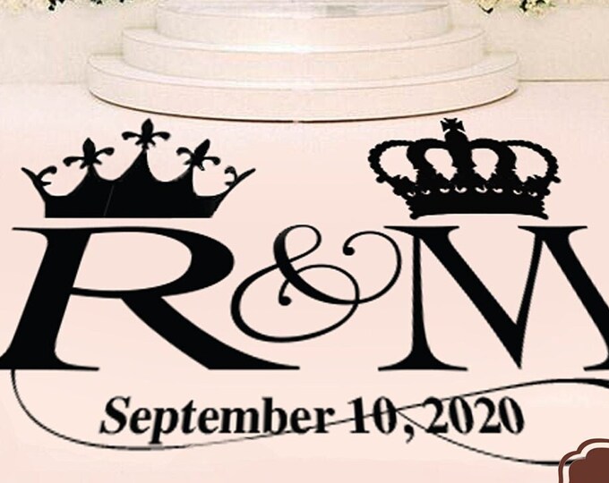 King Queen Dance Floor Decal - Wedding Logo - Royal Wedding Crown - His Hers Personalized Custom Initials & Date - Black Gold Silver White