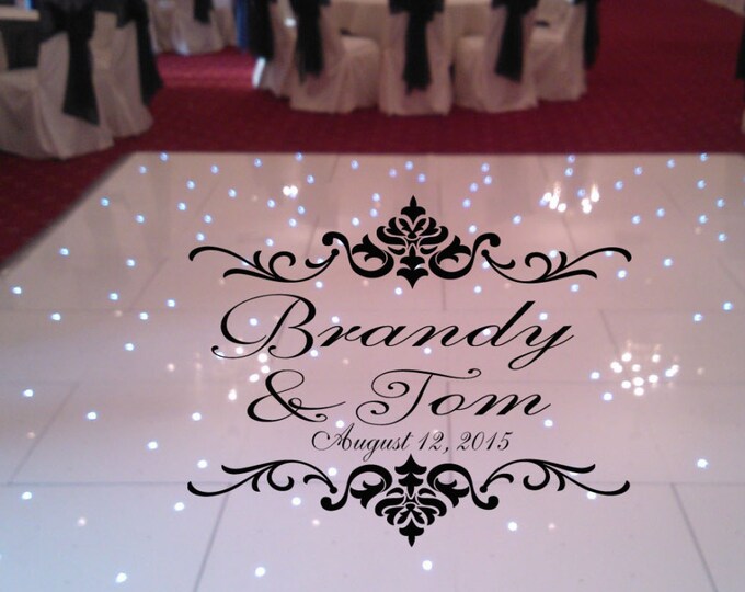 Damask Theme Dance Floor Decal - Wedding Day - Fancy calligraphy Font Dance Floor Personalized Names Vinyl Lettering HUGE size Options