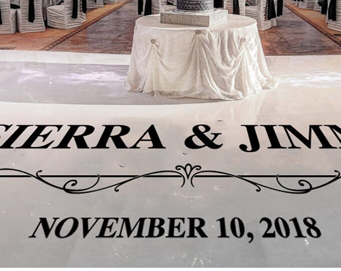 Wedding Reception Dance Floor Decal - Personalized Custom Initials Simple Font Scroll Border - Party Decor Decals White Black Gold Silver