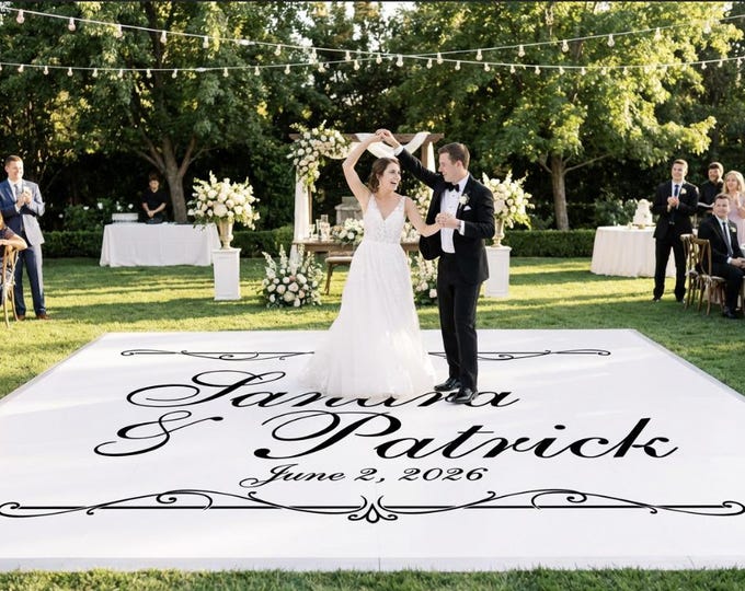Personalized Wedding Dance Floor Decal - Custom Names, Scroll Border