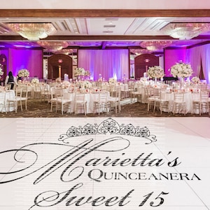 Sweet 16 15 Quinceanera Birthday Party Dance Floor Vinyl Decal - Personalized Names Custom quince años Decor Party White Black Gold Silver