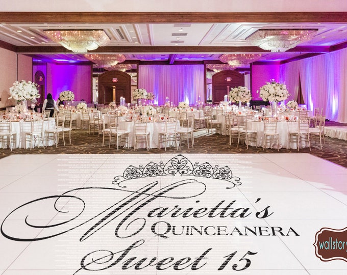 Sweet 16 15 Quinceanera Birthday Party Dance Floor Vinyl Decal - Personalized Names Custom quince años Decor Party White Black Gold Silver