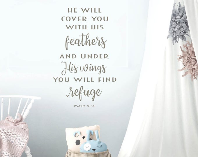 Family Wall Quotes Decal | He Will Cover You With Feathers | Scripture Psalm 91:4 Sayings Inspirational Motivational Christian WallStory