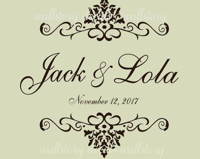 Indian HUGE Damask Theme Dance Floor Decal - Wedding Day - Fancy calligraphy Font Dance Floor Personalized Names Vinyl Lettering 39+ Colors
