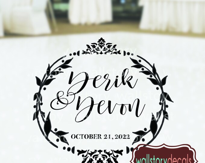 Wedding Dance Floor Decal Elegant Damask Wreath Theme  Personalized Custom Name  - Large Reception Decals - Party Decor