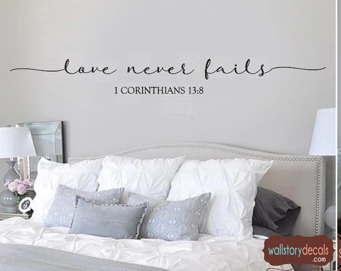 Bedroom or Living Room Wall Art Decal Decor | Long Narrow Hallway Wall | Love Never Fails 1 Corinthians 13:8 Scripture for Walls