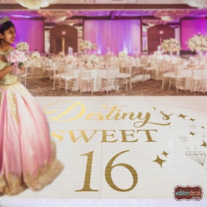 Gold Sweet 16 Sixteen Birthday Decor Quinceanera Decal - Mis Anos Quince - Personalized Custom Name - Diamonds - Party Black White Silver