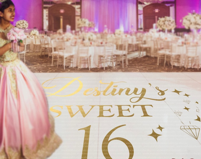 Gold Sweet 16 Sixteen Birthday Decor Quinceanera Decal - Mis Anos Quince - Personalized Custom Name - Diamonds - Party Black White Silver
