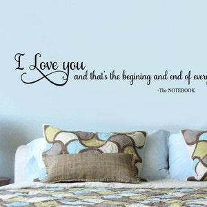 I LOVE YOU and thats the begining and end of everything -Romantic Wall Decal -  The Notebook Quotes Vinyl Lettering Large sizes 39+ Colors