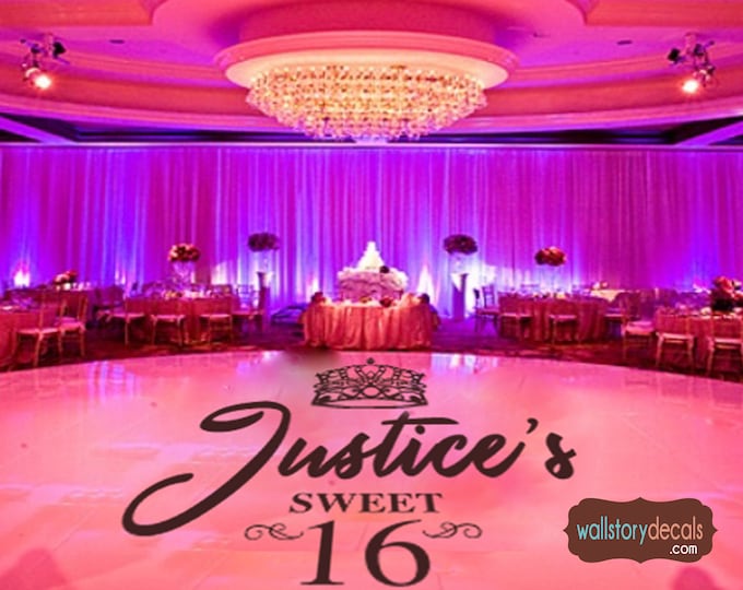 Sweet 16 Dance Floor Decal - Personalized Custom Name with Crown scrolls - Small Medium Large Reception Decals Princess Party Decor
