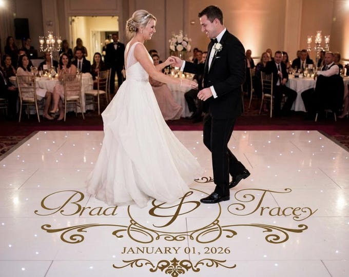 Custom Damask Wedding Dance Floor Decal – Personalized Name & Logo