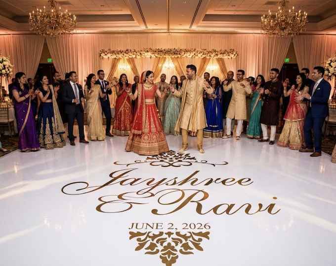 Reception Party HUGE Damask Theme Dance Floor Decal - Wedding Day - Fancy calligraphy Font Personalized Names Vinyl Lettering 39+ Colors