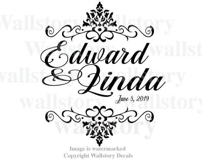 Wedding Logo Dance Floor Decal - Wedding Day - Damask Dance Floor Personalized Names Custom Wedding Decor Party White Gold Black Silver