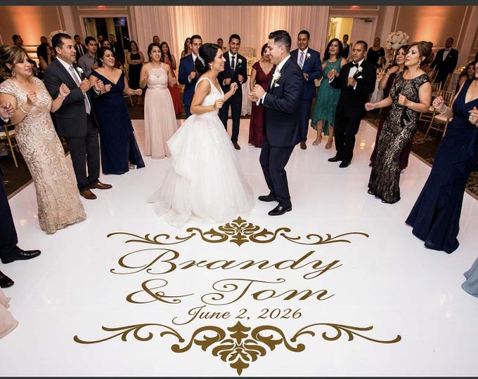 Personalized Damask Wedding Dance Floor Decal - Fancy Calligraphy Names