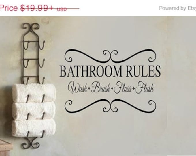 BATHROOM RULES wash brush floss repeat  Bathroom  Vinyl Wall Lettering Decal LARGE Size Options