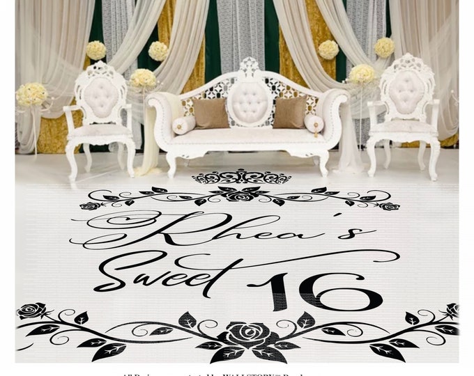 Sweet 15 16 Quinceanera Birthday Roses Dance Floor Vinyl Decal with Flowers - Custom Mis quince años Decor Party Cinderella Princess