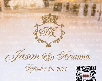 Vinyl Dance Floor Decal Royal Wedding Crest Decor Monogram Wedding Logo - personalized custom name Birthday Party White Black Gold Silver