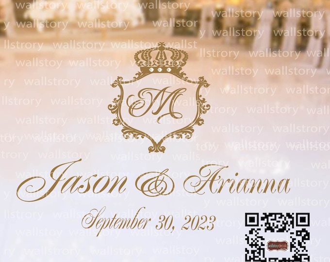 Vinyl Dance Floor Decal Royal Wedding Crest Decor Monogram Wedding Logo - personalized custom name Birthday Party White Black Gold Silver