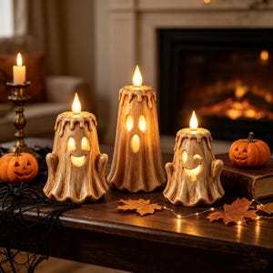 May include: Three light-up ghost-shaped candles with a wood-grain texture and dripping wax details. Each ghost features cut-out eyes and a mouth illuminated from within by a warm LED flame. The set includes two smaller figures and one taller central figure.
