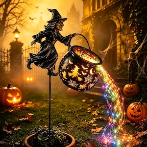 May include: A black metal garden stake featuring a witch figure holding a tilted cauldron. The cauldron is decorated with cutouts of witches, bats, and spiderwebs, and emits a cascading stream of multicolored LED fairy lights from its opening.