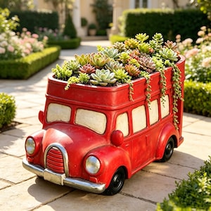 May include: A bright red planter shaped like a vintage bus, featuring a silver front grille and bumper, round headlights, and black wheels. The top of the bus is filled with a variety of green and pink succulents, including trailing vines.