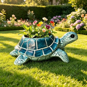 Könnte beinhalten: Ein schildkrötenförmiger Pflanzkübel mit einem glänzenden, tiefblauen Panzer und hellblauer, strukturierter Haut. Der Panzer dient als Gefäß für eine Ansammlung kleiner, leuchtender Blumen in Rosa, Gelb, Orange und Violett mit grünen Blättern.