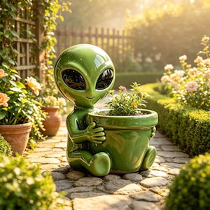 May include: A glossy green ceramic alien figurine sitting on a stone path, holding a matching green plant pot. The alien has a large, smooth, rounded head with two expansive, dark, reflective oval eyes and a small, subtle, curved mouth line.